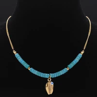 boho sea shell pendant blue stone necklace stainless steel gold color natural stone choker necklaces summer beach jewelry nxh443