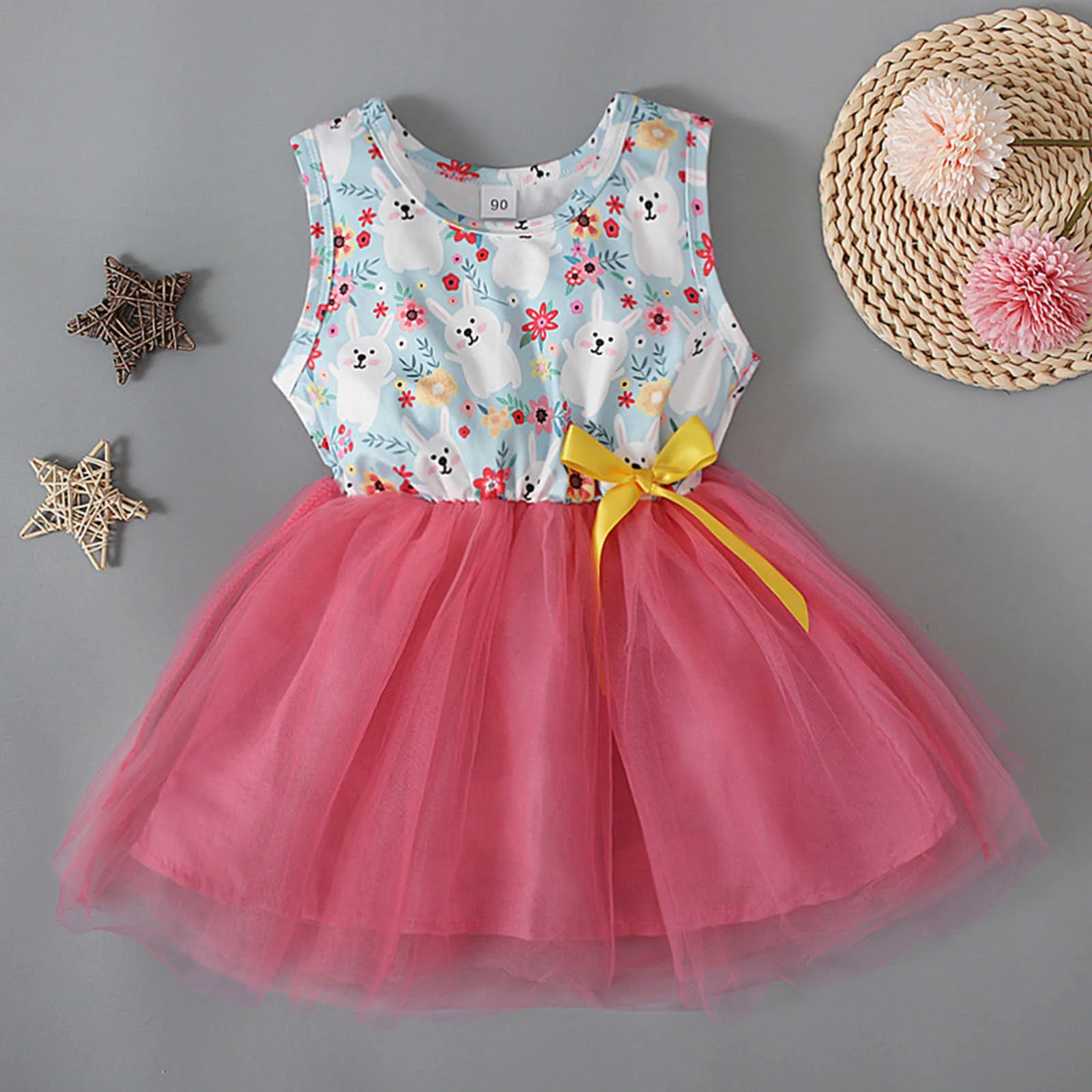 

1-4Y Toddler Baby Kids Girls Dress 2022 Summer Sleeveless Easter Rabbit Bunny Bow Tulle Patchwork Princess Casual Party Dresses