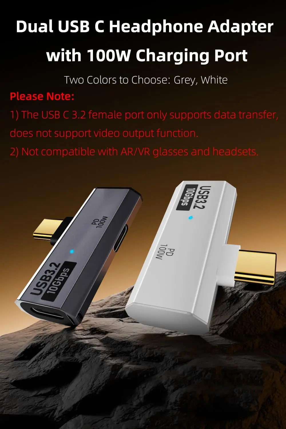 Фото Двойной адаптер для наушников USB C с портом для зарядки 100 Вт, разветвитель USB типа C 2-в-1 для Rog Ally, Steam Deck, Quest 2, iPad №2