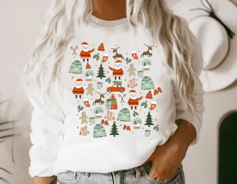 Christmas Sweatshirt, Holiday Shirt Little for Women, Christmas party  Pullover Long Sleeve Tops Shirts Casual y2k Drop Shipping
