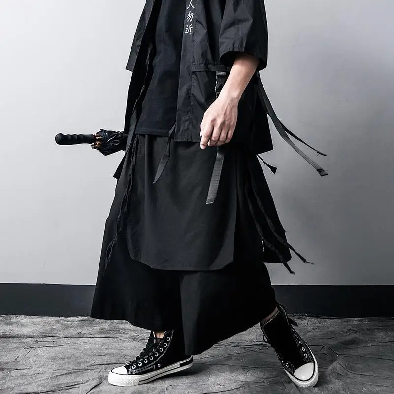 

Techwear Wide Leg Pants Punk Gothic Black Trousers Male Goth Cotton Linens Summer Japanese Style Streetwear Hip Hop
