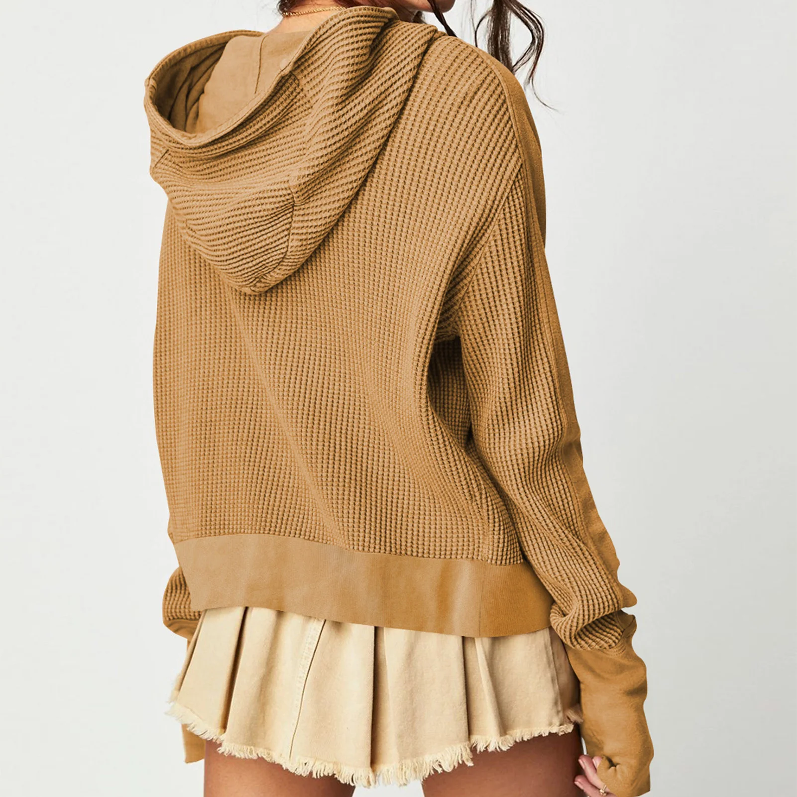 

Female Womens Waffle Shacket Solid Zip Up Hooded Sweatshirt Top with Pockets Oversized Blouse Casual Daily Wear Streetwear Suit