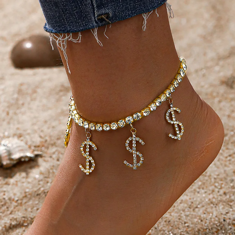 

Hot Boho Style Crystal Dollar Pattern Anklet Fashion Foot Chain 2023 New Ankle Bracelet for Women Beach Accessories Gift