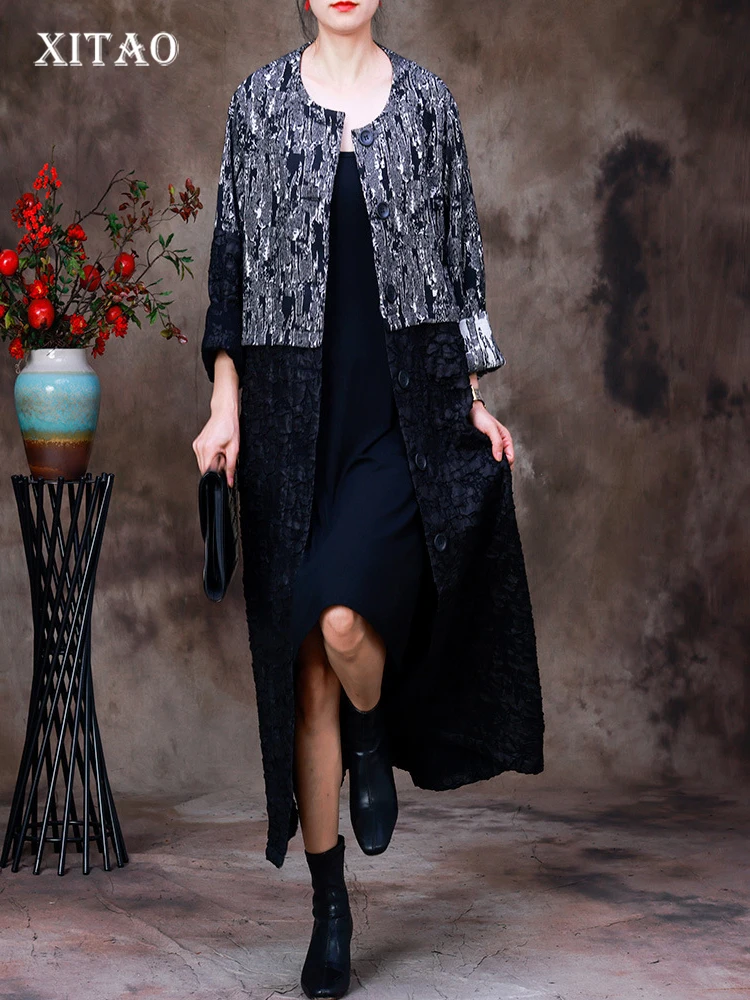 

XITAO Patchwork Loose Pocket O-neck Single Breasted Trench 2022 Autumn New Arrival Casual Fashion Temperament All Match WLD13034
