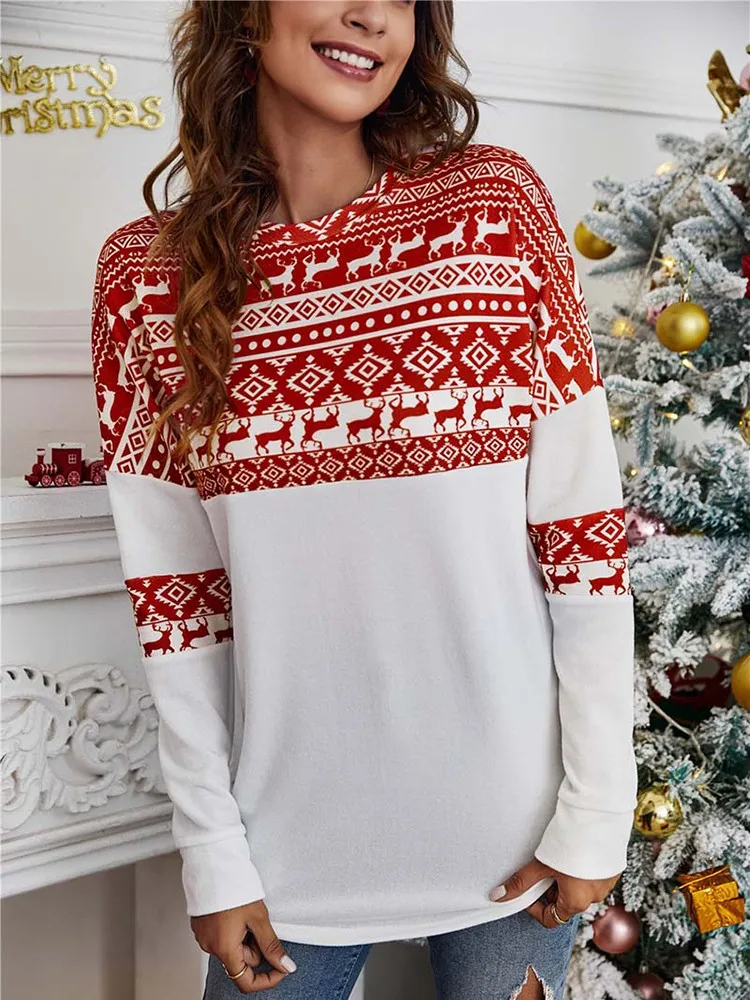 

Зимний Рождественский свитер для женщин 2022 модный лоскутный принт с круглым вырезом с длинным рукавом Свободные толстовки женские пуловер...