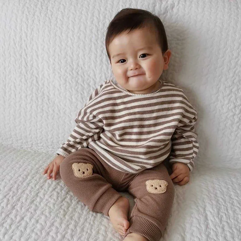 

MILANCEL 2022 Autumn Baby Clothes Waffle Bear Harem Pants Striped Tops Bottom Layer