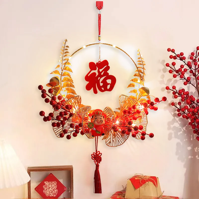 

Chinese New Year LED Red Knot Fu Character Lantern Pendant 2023 New Year LED Blessing Wreath Spring Festival Room Hanging Decor