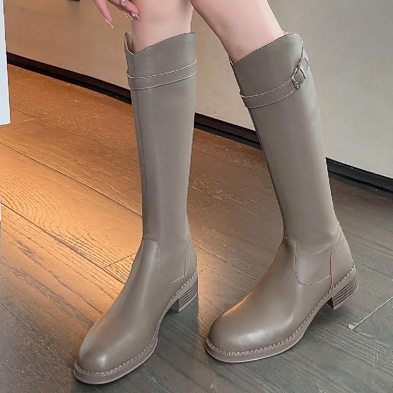 

Dilalula Autumn Winter Women Knee High Boots Fashion Buckle Low Heels Genuine Leather Shoes Woman Outdoor Casual Popular Newest