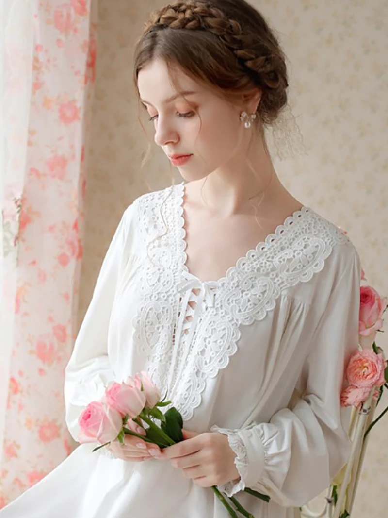 

French Princess Nightgowns Women Cotton Ruffles Lace-up Long Sleeve Vintage Lace V-neck Loose Peignoir Night Dress Sleepwear