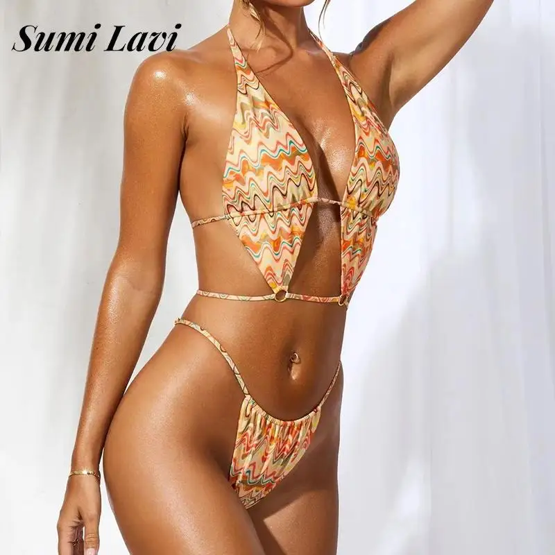 

Новый сексуальный Однотонный женский купальник с вырезами, летний треугольный комплект бикини с открытой спиной, простая пляжная одежда пу...