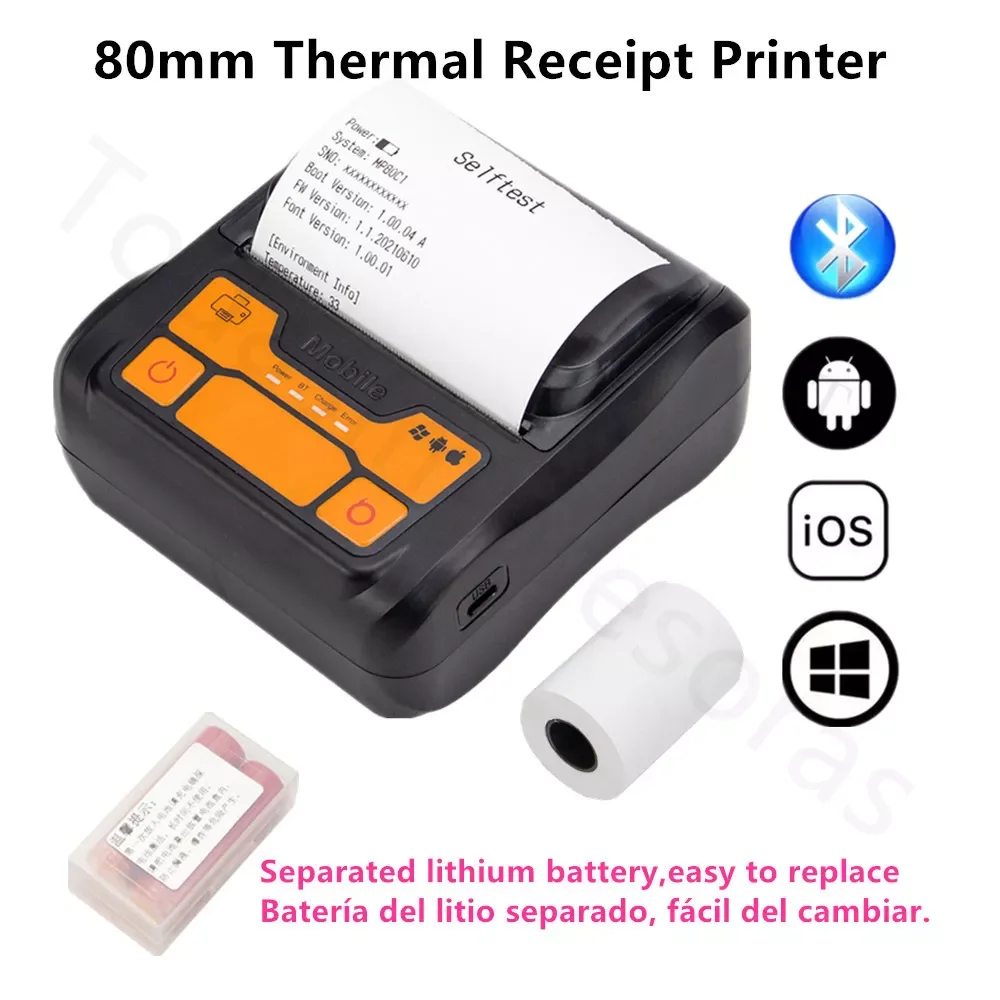 

80mm 3'' Wireless Portable Thermal Receipt Printer POS Printer with USB Bluetooth for Hotel Kitchen Restaurant Separated