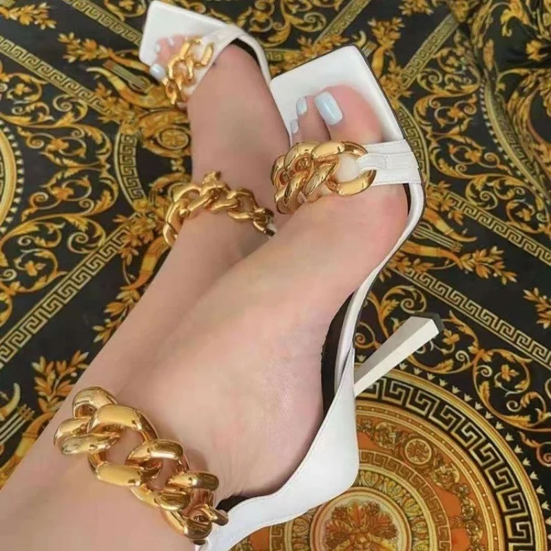 

2022 New Women's Sandals Fashion Thin High Heels Sandals Women Open Toed Metal Chains Sandals Female Heeled Shoes Women zapatos