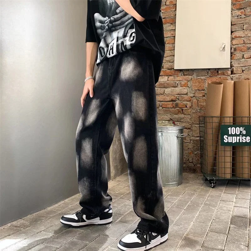 

Black Tie Dye Jeans Men Fashion Retro Casual Baggy Jeans Men Streetwear Loose Hip Hop Straight Denim Pants Mens Trousers S-2XL