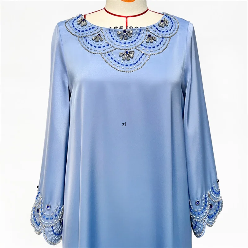 Vintage Luxury Rhinestone Banquet Evening Party Dress Elegant Casual O-Neck Long Sleeve Modest Fashion Ladies Dresses