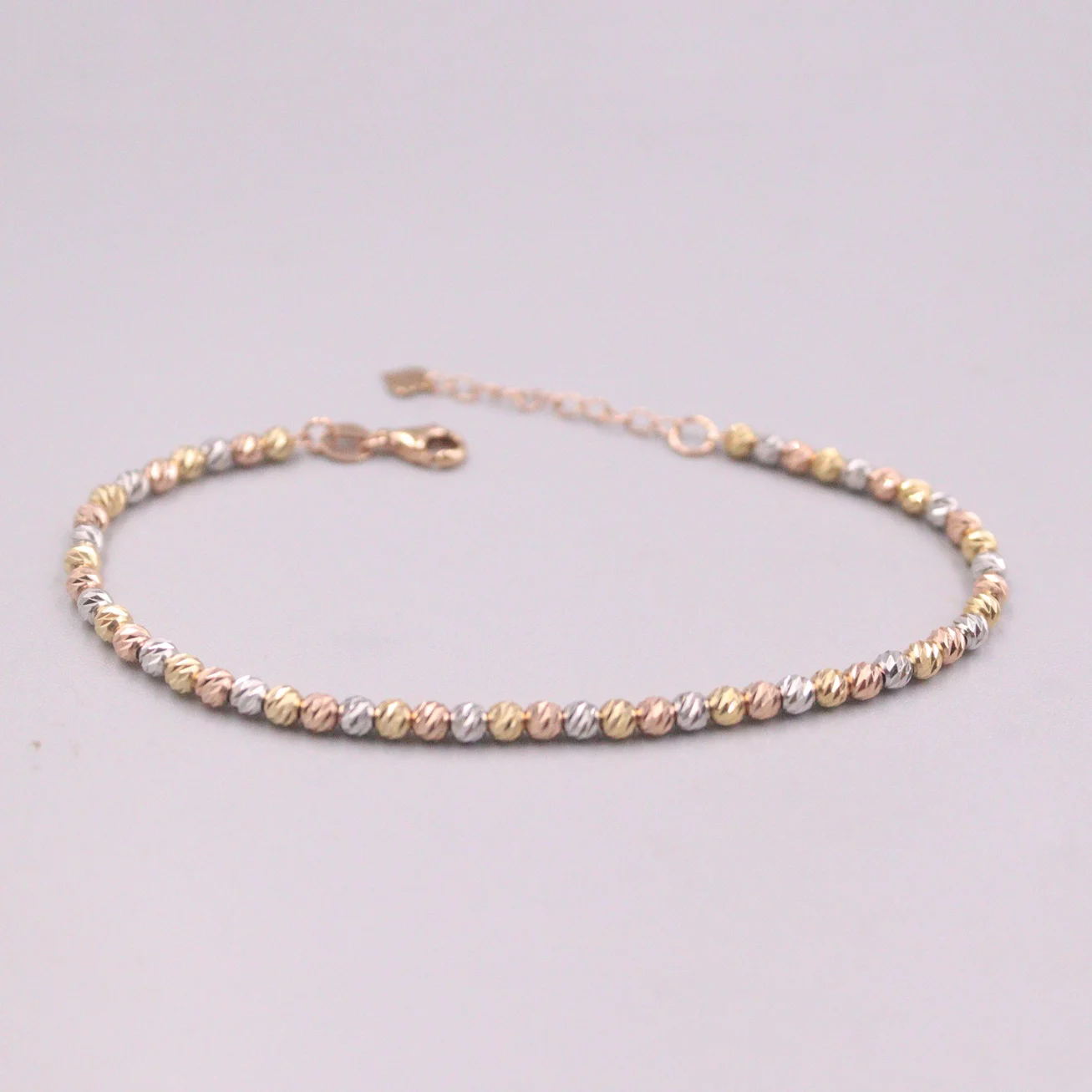 

Pure 18K Multi-tone Gold Bracelet For Women Carved Bead 2.8mm Beaded Link 16cm Add 3cm Extender Chain Stamp Au750 Gift