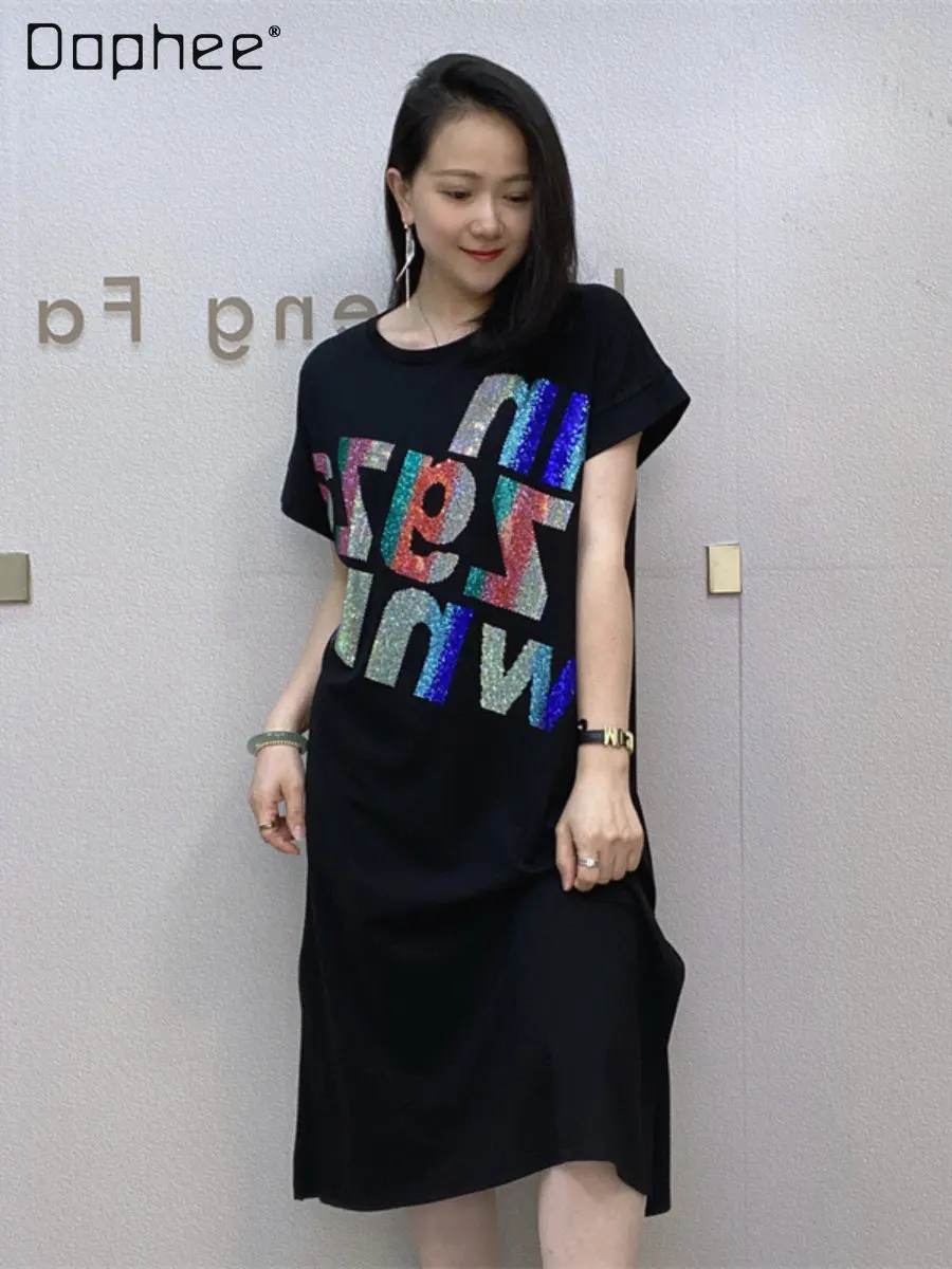 

Fashionable Letter Rhinestone Black Dress Female 2023 Summer New Loose Round Neck Casual Short-Sleeve Dress Women Clothing