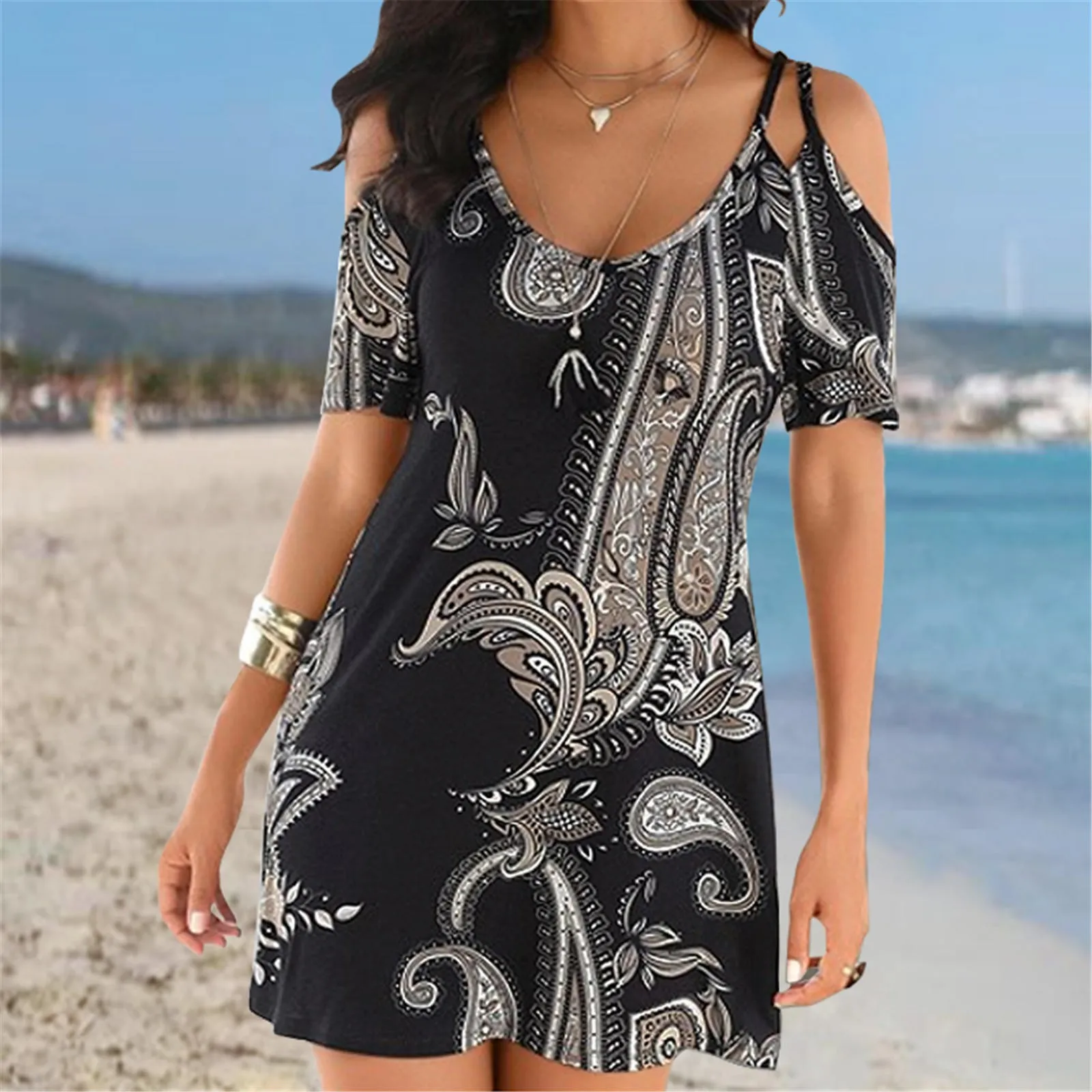 

Print Boho Beach Dress Fashion Backless Sexy Women Summer Dress 2022 Floral Ruffled Off Shoulder Casual Dress Jurk Dames