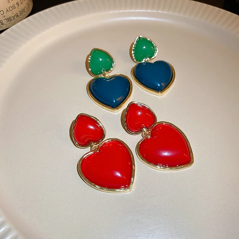

Minar Vintage Red Green Blue Contrast Color Arcylic Heart Shape Earring for Women Double Love Hanging Dangle Earrings Jewelry