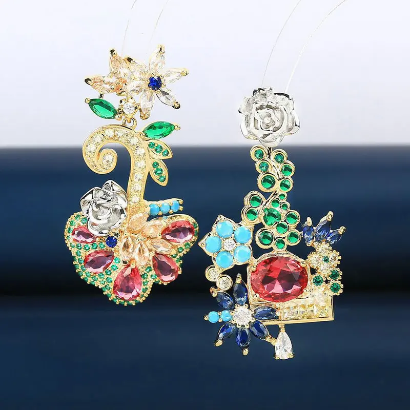 

1pair Colorful CZ Asymmetric Flowers Drop Earring Luxury Romantic Dangle Earring for Woman Party Accessory