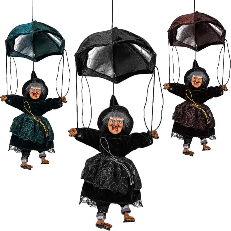 

Witch Decorations For Home Scream Parachute Decor With Light-Up Eyes Scary Kicking Leg Door Pendant Portable Black Cape Witch