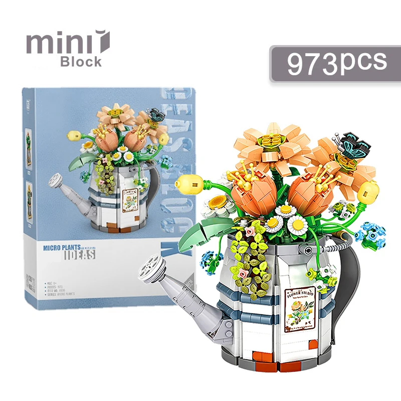

Creative Watering Can Potted Assembled Building Blocks Flower Plant Bonsai Bouquet 3d Model Decoration DIY Children's Toy Gift