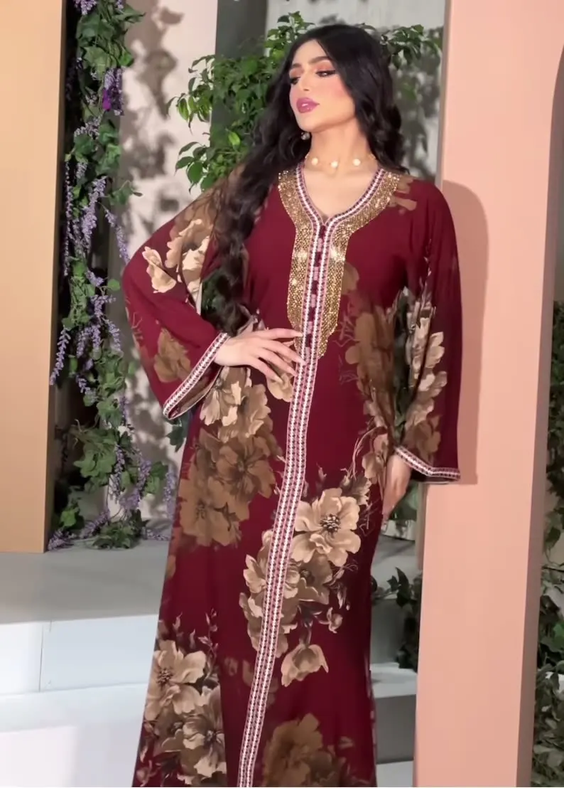 ICCLEK 2023 Summer Flower Moroccan Caftan Royal Women Dubai Muslim Abaya For Women Turkish Muslim Long Woman Dress
