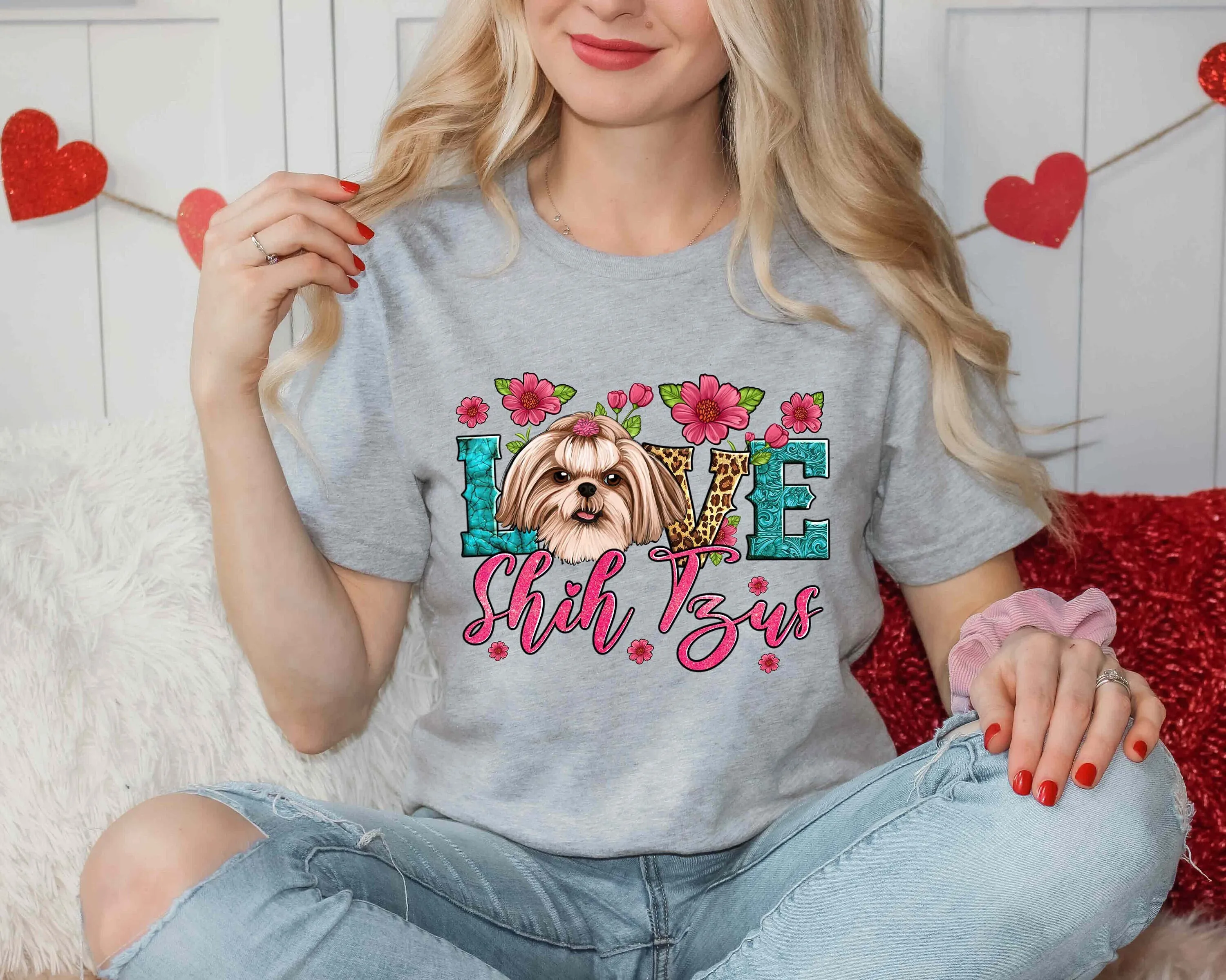 Футболка на День Святого Валентина Love Shih Tzus для женщин губы поцелуй милый