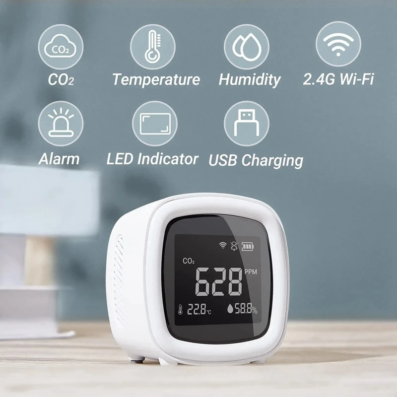 

Wifi 3-In-1 Indoor CO2 Detector Air Quality Monitor Detects CO2 Temperature Humidity In Home Office Light-And-Sound Dual Alarm