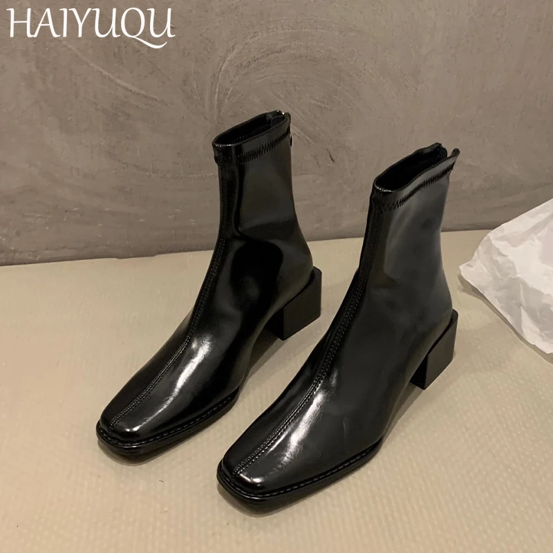 Женские кожаные ботильоны с квадратным носком дизайнерская модная повседневная