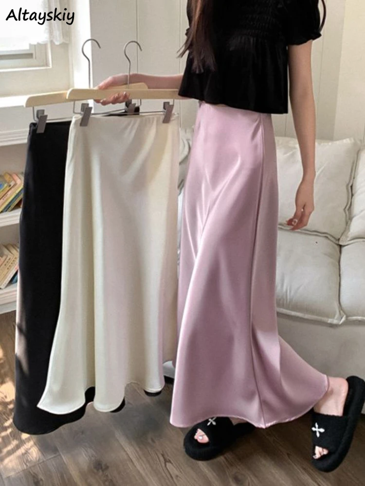 

Skirts Women Pure Simple Empire Summer Trumpet Elegant Fashion Office Ladies All-match Tender Korean Style Cozy Soft Midi Design