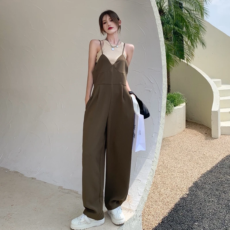 England Style Jumpsuit Women New Summer High Waist Casual Loose Solid Pockets Wide Leg Suspender One-piece Pants