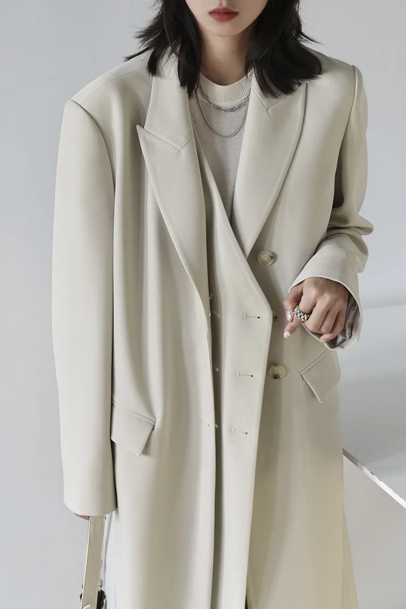 

2022 spring new heavy industry temperament double placket long loose suit jacket over the knee trench coat women