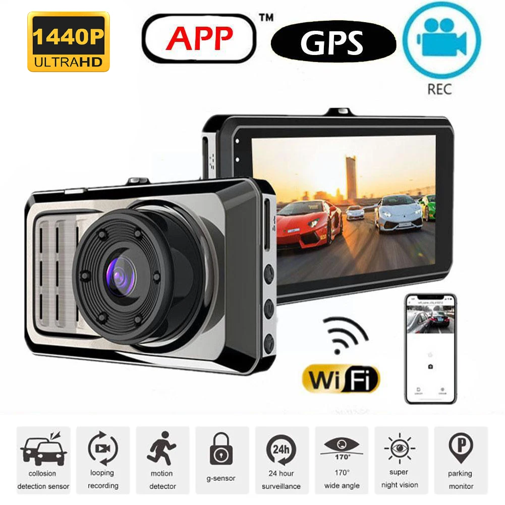 

Автомобильный видеорегистратор, 2K, 1440P, WiFi, GPS, камера заднего вида