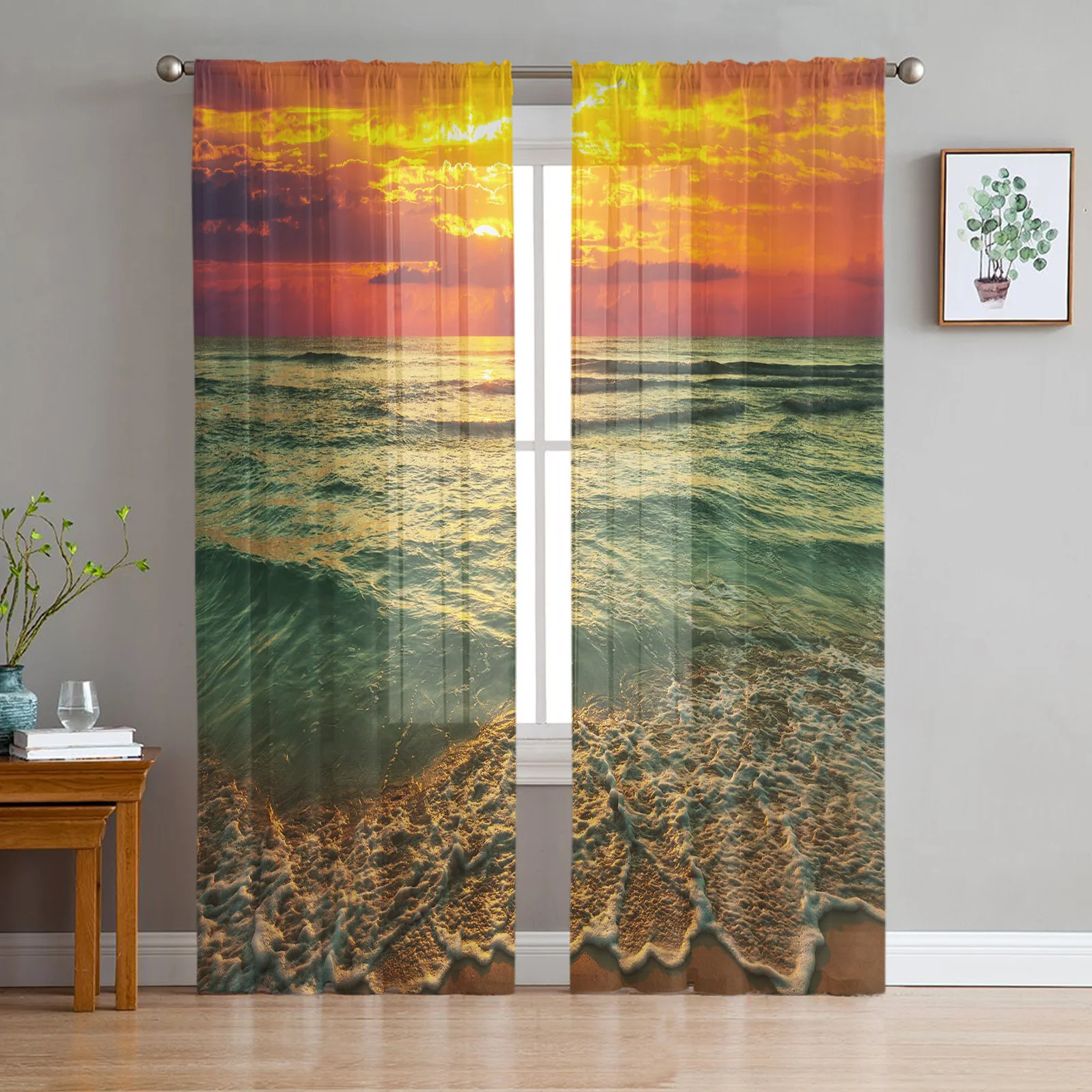 

The Sea Sunset Beach Tulle Curtains For Living Room Voile Sheer Window Curtain For Bedroom Chiffon Curtains For Kitchen