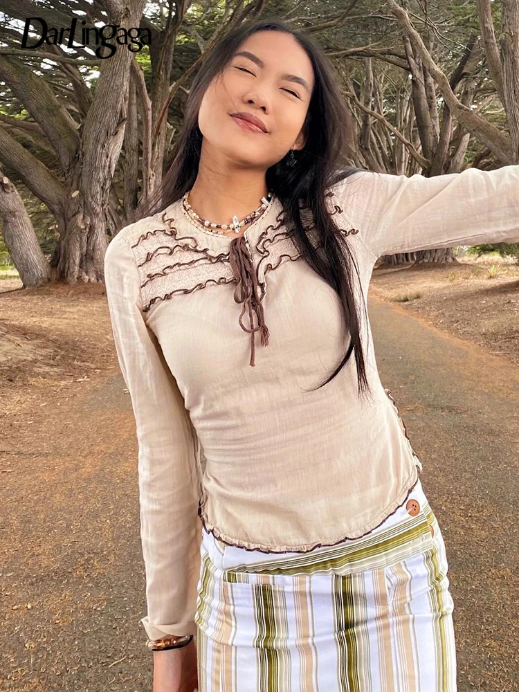 

Darlingaga Y2K Fairycore Ruffles Patchwork Chic Autumn T-shirts Female Retro Fashion Frill Lace Up 90s Aesthetic Shirt Clothing