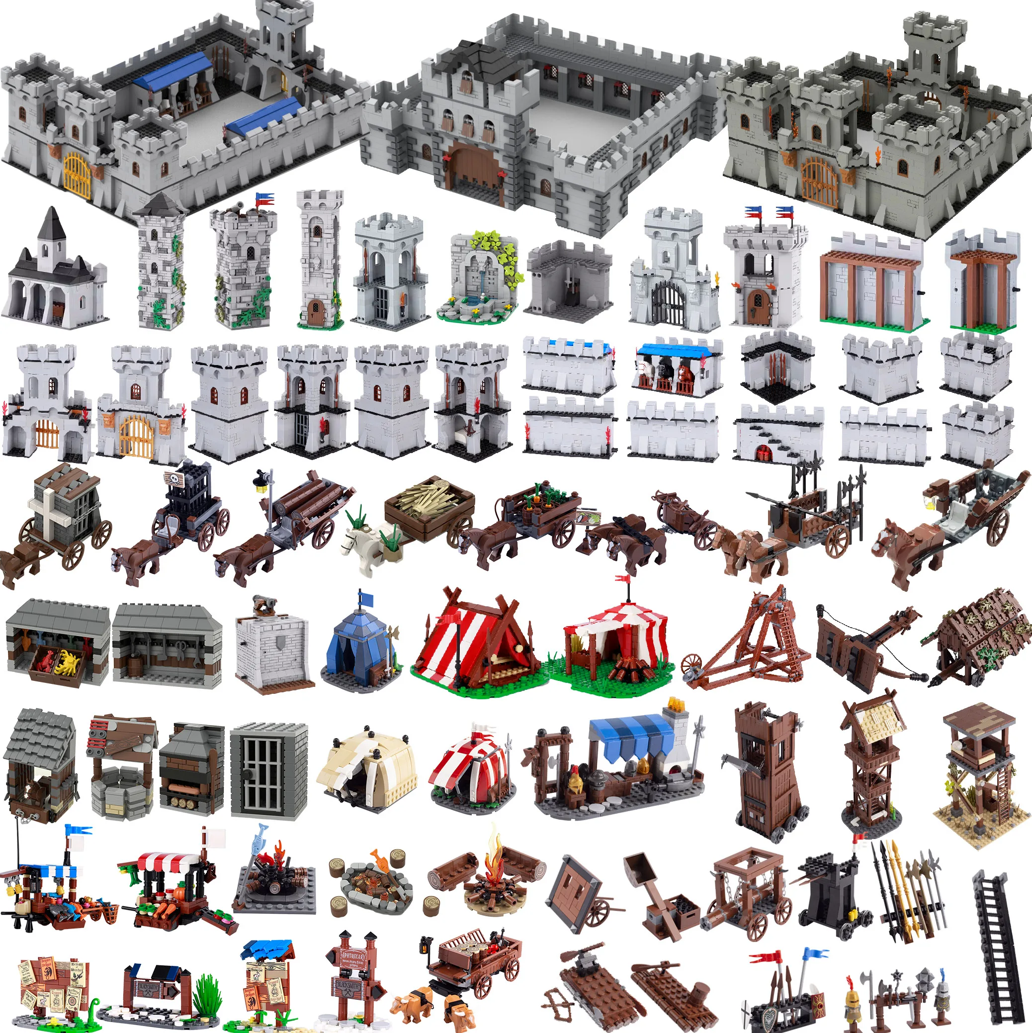 

Medieval Castle Town Wall Building Blocks Ancient Military Siege Weapons Tent Watchtower Chariot Bonfire Carriage Bricks Toys