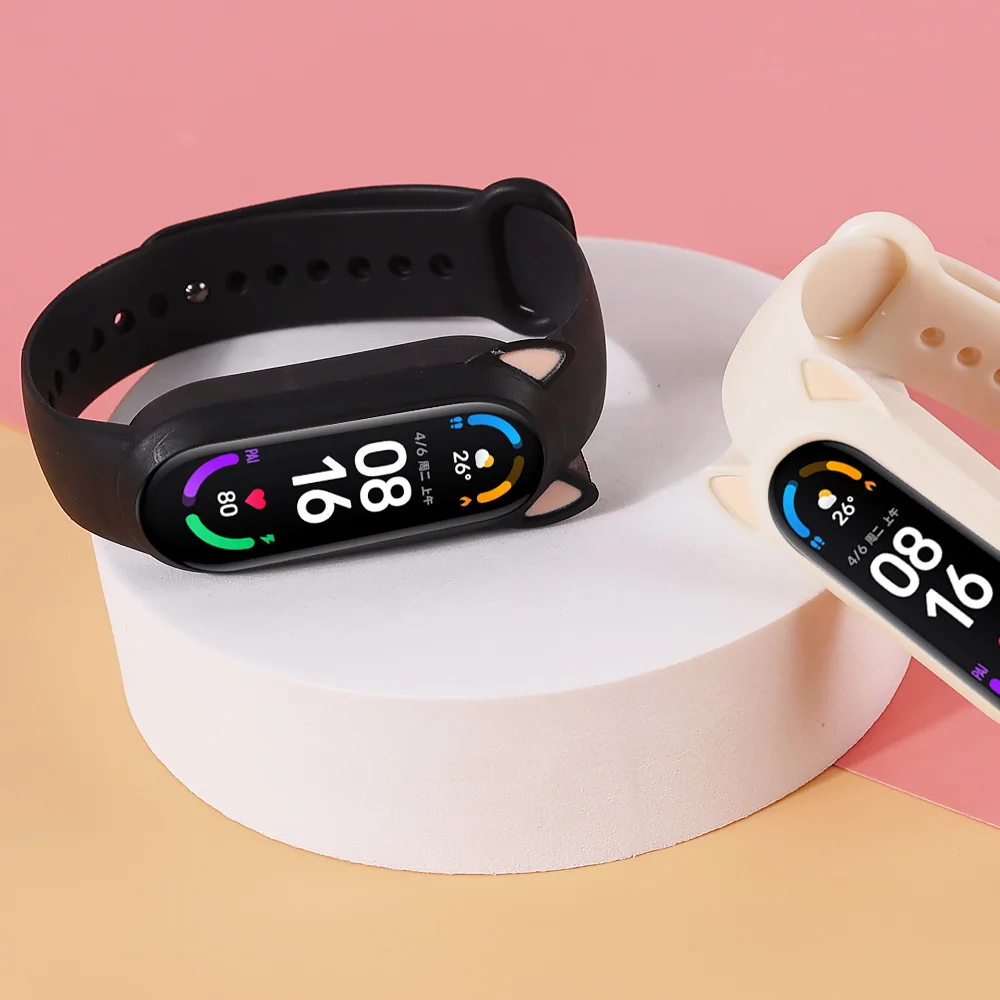 Фото Силиконовый ремешок для Xiaomi MiBand 7 5 6, кошачьи наушники, чехол для Mi Band 7 3 4, бампер с милыми ушками, модный мультяшный милый браслет, новинка №4