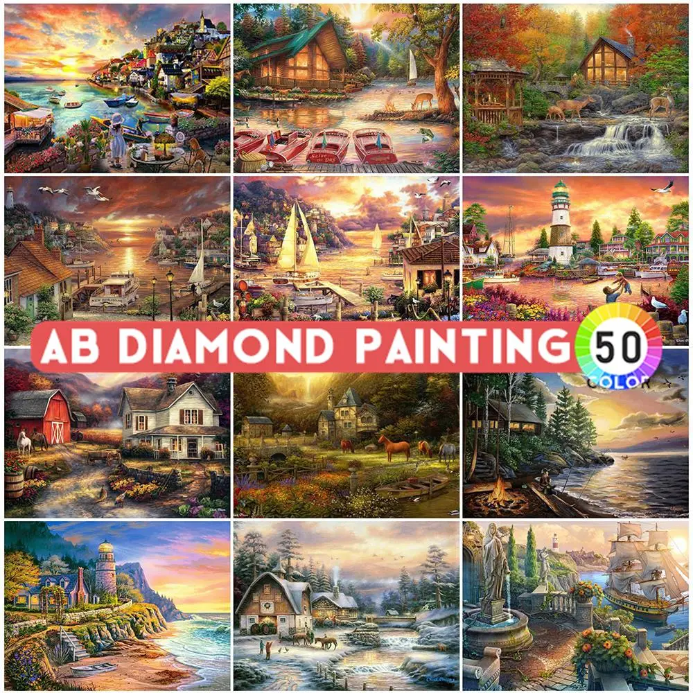 

AB Drills Diamond Painting 5D House Embroidery SunArt Set Picture Of Rhinestones Landscape Needlework Home Decor Wall Stickers