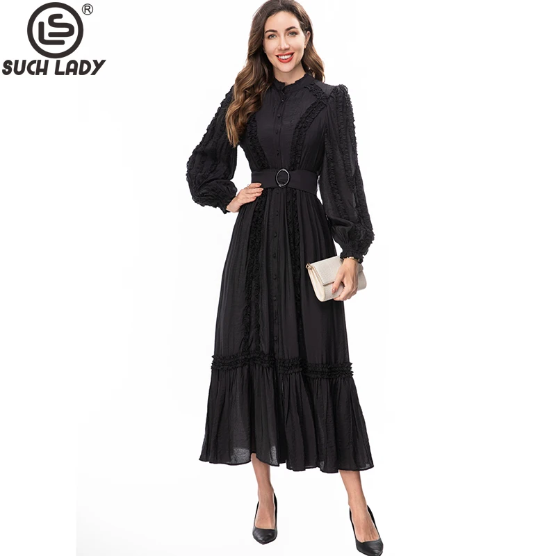 Women's Runway Dresses Stand Collar Long Sleeves Striped Ruffles Elegant Fashion Designer Vestidos