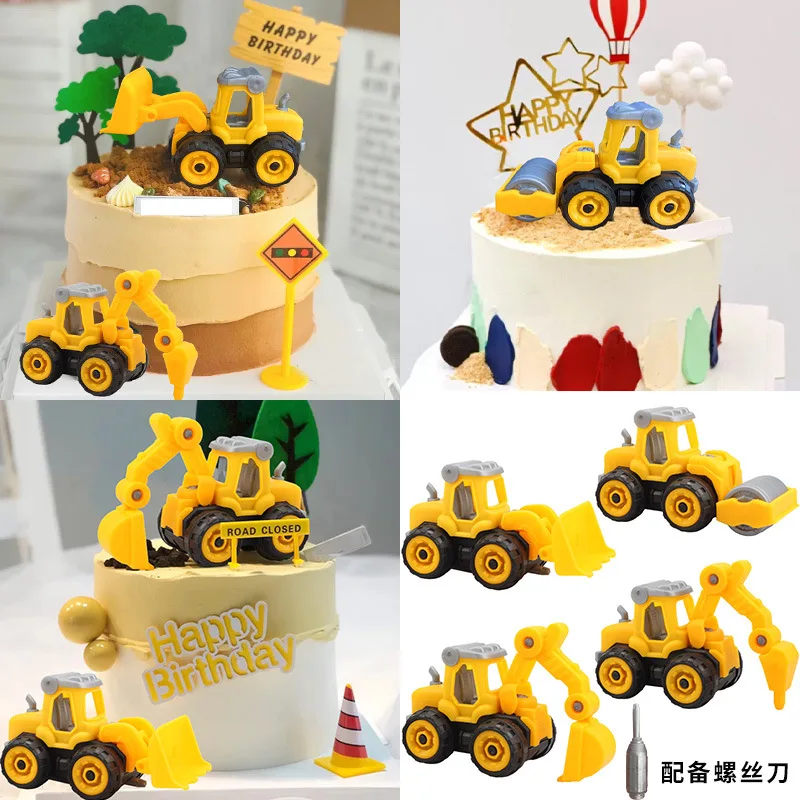

Engineering Construction Vehicle Excavator Cake Decor Digging Machine Traffic Sign Cake Topper for Boy's Birthday Party Toy Gift