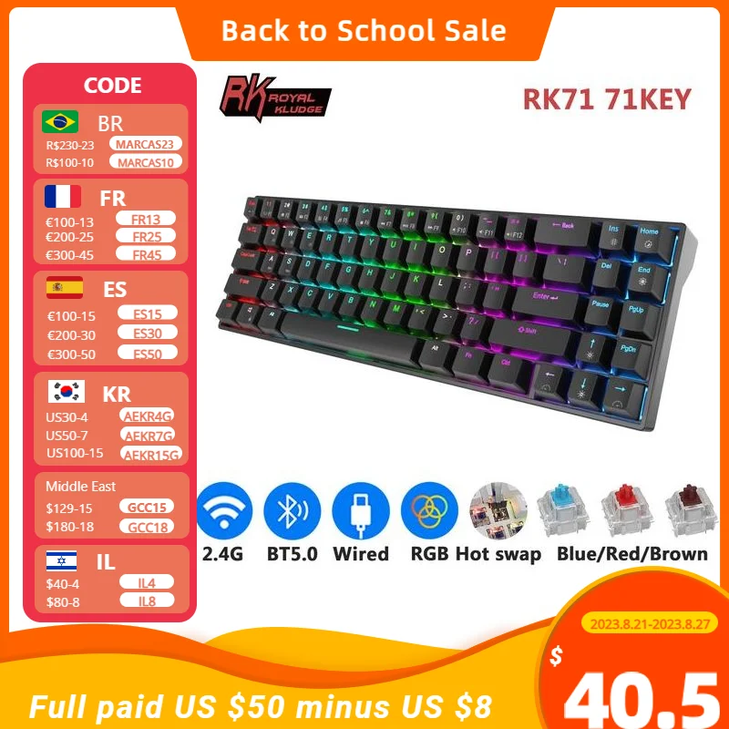 RK ROYAL KLUDGE RK71 Mechanical Keyboard 70% 71 Keys RGB Compact Wired 2.4G Wireless Bluetooth 5.0 Gaming Keyboard for Desktop