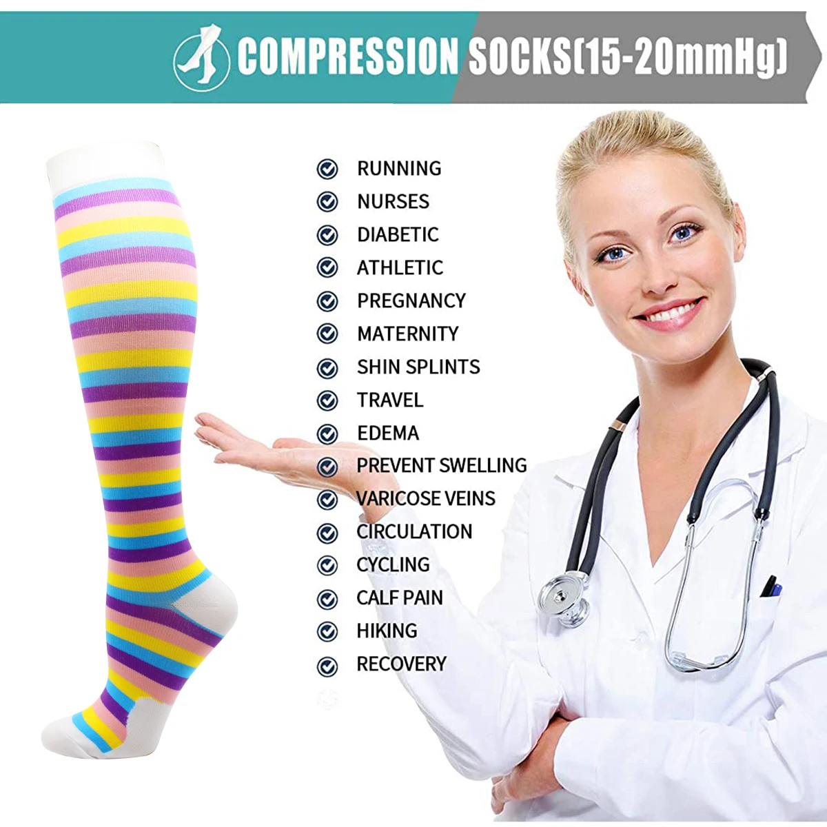Compression Socks Marathon Cycling Running Nursing Hiking Travel Sports Socks Medical Edema Diabetes Varicose Veins Men Socks