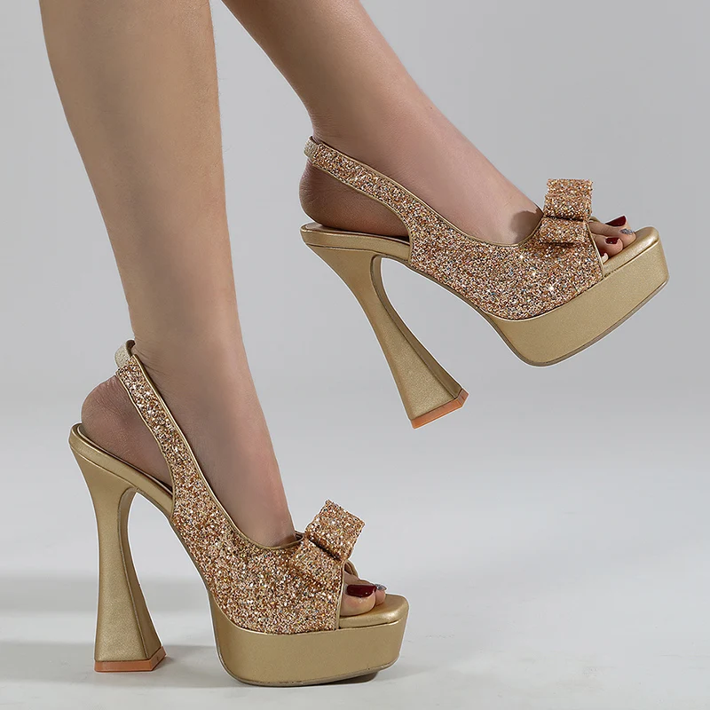 Summer 2023 Shiny Butterfly Women's Sandals Waterproof Platform Thick High Heel Sandals Wedding Shoes Banquet Shoes Red