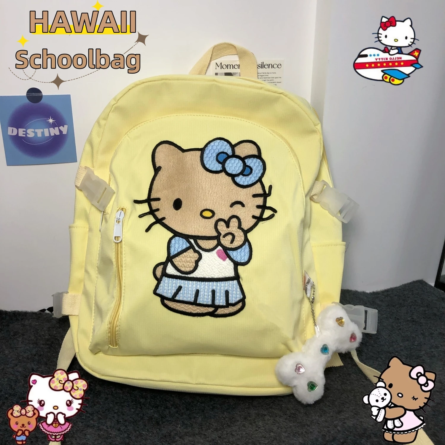 

Black Skin Hello Kitty Hawaii Style Creamy Yellow Backpack Anime Large Capacity High School Students Schoolbag Cute Ins Bags Toy