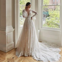 vintage wedding dress v neck lace bow sashes long sleeve exquisite appliques princess gown 2022 vestido de novia for women