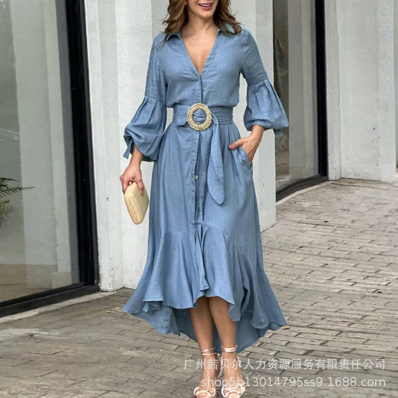 

Fashoin Balloon Sleeves Cinched Waist V-neck Ruffled Long Dress with Belt Women Solid Color Highw Aist Vintage Dress