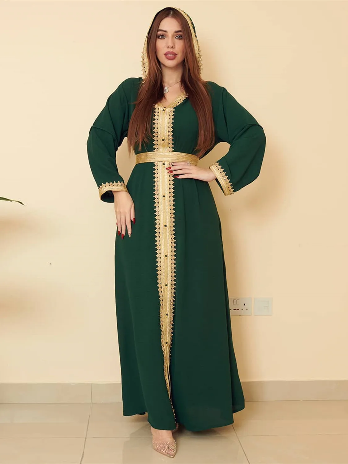 

Newest Silky Embroidery Muslim Dress Robe Abaya syari female Hooded Evening Gown Muslim abaya Worship Service abayas Belt wy807