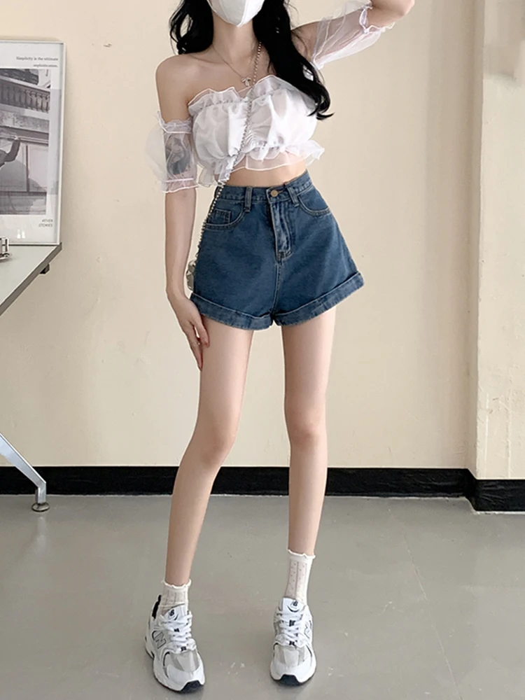 New Spring Summer Women High Waist Wide Leg Denim Shorts Streetwear Female Button Loose Retro Jeans Shorts Bottoms