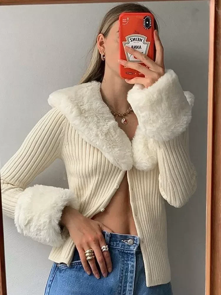 

Knitted Cardigans Sweater Women Fur Trim Collar Slim 2021 Autumn Winter Casual Cotton Jumpers Y2K Button Top Knitwear traf