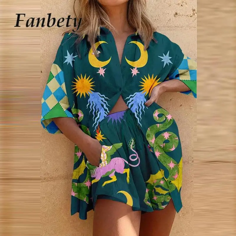 

Fashion Cartoon Print Short Sleeve T Shirts with Shorts Sets Casual Button Pockets 2Pc Tracksuit Women Elastic Waist Slim Suits